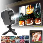 Proiettore per feste con luci e immagini di Halloween e Natale, include 12 film per creare atmosfere spaventose o festive, perfetto per decorazioni e intrattenimento stagionale.
