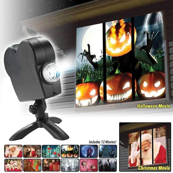 Proiettore per feste con luci e immagini di Halloween e Natale, include 12 film per creare atmosfere spaventose o festive, perfetto per decorazioni e intrattenimento stagionale.
