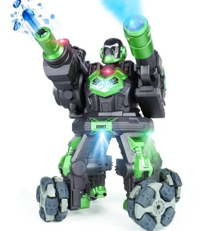 Robot giocattolo futuristico con luci LED e laser, perfetto per stimolare l'immaginazione dei bambini e favorire l'apprendimento attraverso il gioco.