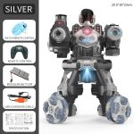Robot giocattolo con telecomando e luci LED.