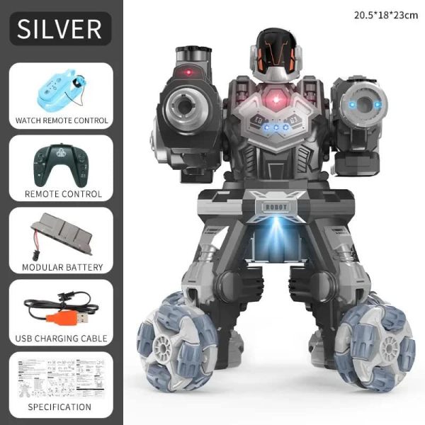 Robot giocattolo con telecomando e luci LED.