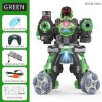 Robot giocattolo interattivo con luci e suoni, in colore verde e nero, dotato di telecomando, batteria modulare e cavo di ricarica USB, perfetto per stimolare l'immaginazione dei bambini.