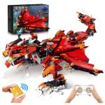 Modello di drago robot LEGO con ali articolate, luci LED e telecomando, perfetto come decorazione scientifica e giocattolo educativo.