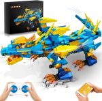 LEGO dragone robotico con luci, telecomando e dettagli colorati, perfetto come decorazione scientifica o oggetto da collezione.