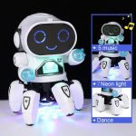 Robot giocattolo con musica, luci neon e funzioni di danza, ideale come decorazione scientifica e oggetto di intrattenimento.