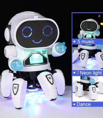 Robot giocattolo con musica, luci neon e funzioni di danza, ideale come decorazione scientifica e oggetto di intrattenimento.