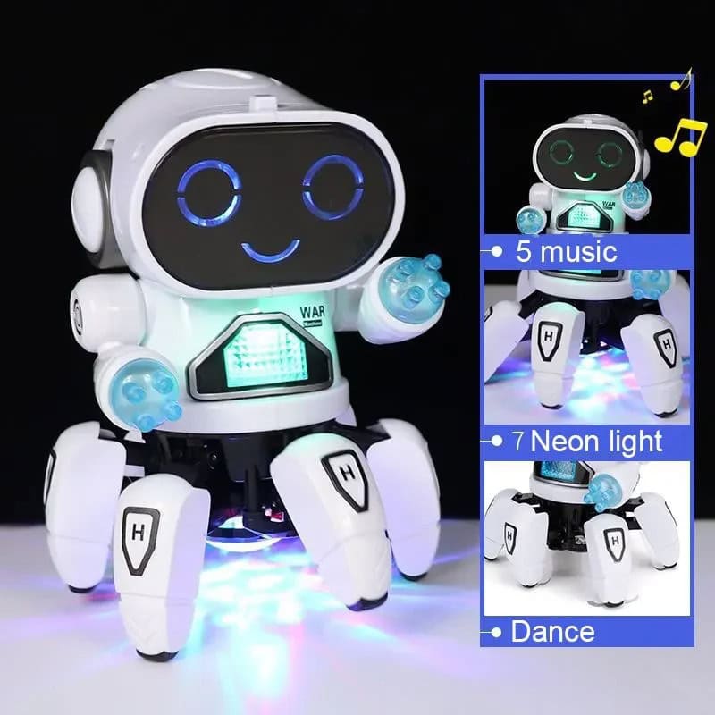 Robot giocattolo con musica, luci neon e funzioni di danza, ideale come decorazione scientifica e oggetto di intrattenimento.
