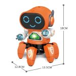 Robot giocattolo interattivo con luci LED, suoni e movimento, perfetto per stimolare la creatività dei bambini e decorare ambienti con stile scientifico.