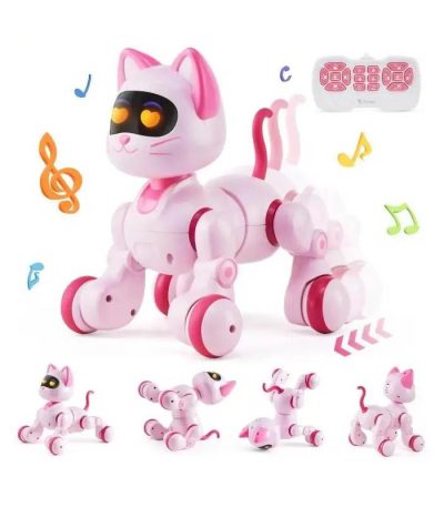 Robot gatto musicale con luci LED, suoni e movimento, perfetto come giocattolo educativo e decorativo per bambini e appassionati di tecnologia.
