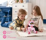 Giocattolo robot felino rosa con luci e suoni, ideale per stimolare la creatività e l'apprendimento dei bambini.