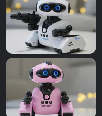 Robot giocattolo con braccia e occhi luminosi, modello rosa e nero.