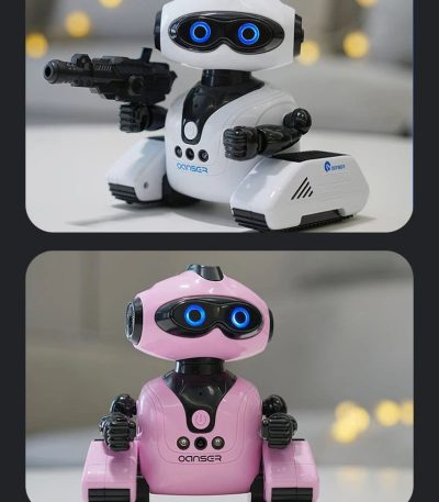 Robot giocattolo con braccia e occhi luminosi, modello rosa e nero.