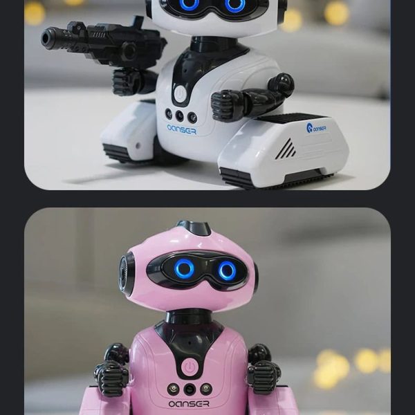 Robot giocattolo con braccia e occhi luminosi, modello rosa e nero.