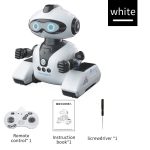 Robot educativo con design futuristico bianco e nero, dotato di occhi luminosi blu, telecomando, libro di istruzioni e cacciavite, ideale per stimolare l'apprendimento e il divertimento dei bambini.