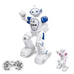 Robot giocattolo educativo con telecomando e luci LED.