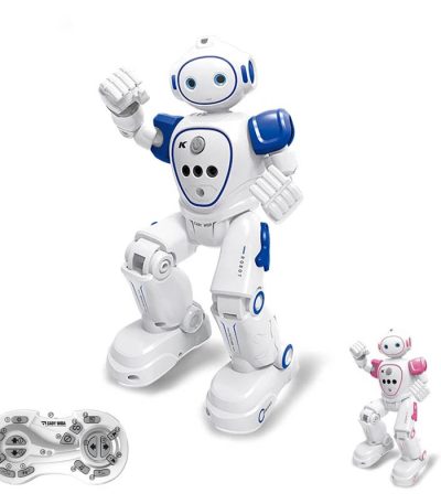 Robot giocattolo educativo con telecomando e luci LED.