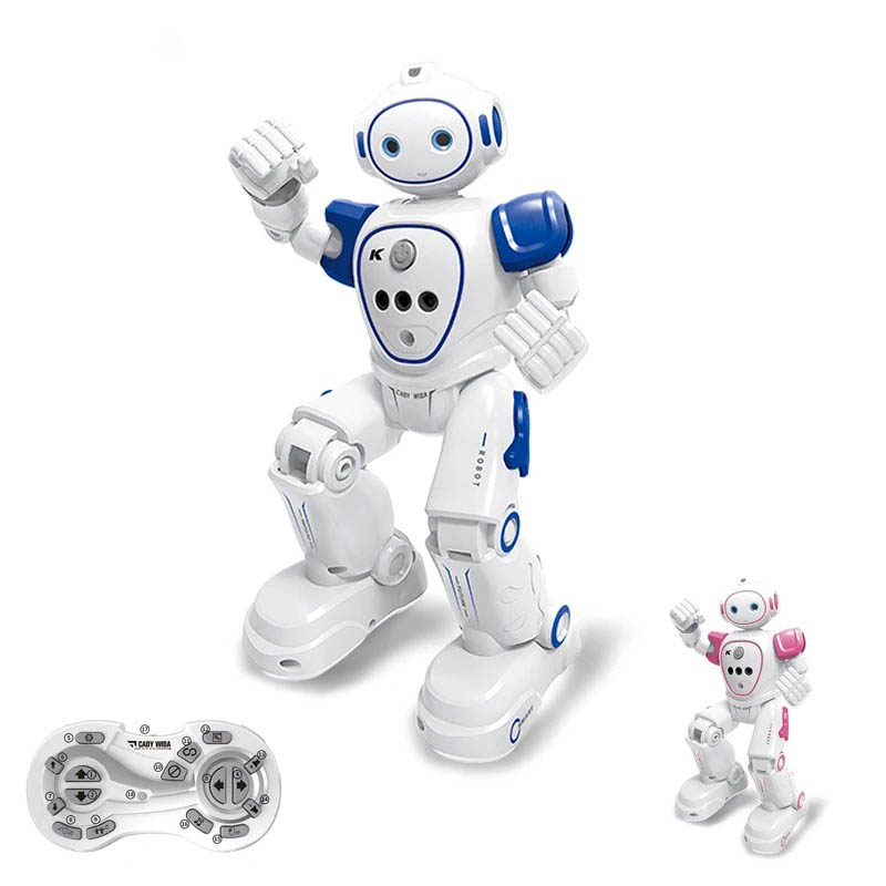 Robot giocattolo educativo con telecomando e luci LED.