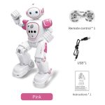 Robot educativo rosa con telecomando, cavo USB e istruzioni, perfetto per stimolare l'apprendimento e il divertimento dei bambini attraverso attività interattive e giochi educativi.