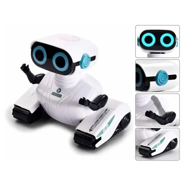Robot giocattolo con testa e occhi luminosi, braccia articolate e ruote per movimento, ideale per stimolare l'apprendimento e l'interattività dei bambini.