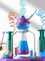 Oggetto scientifico decorativo con tubi colorati e becher, ideale per ambienti educativi e scientifici.