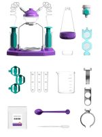 Kit di strumenti scientifici per esperimenti di laboratorio, include beute, provette, supporti e accessori per attività educative e di ricerca.