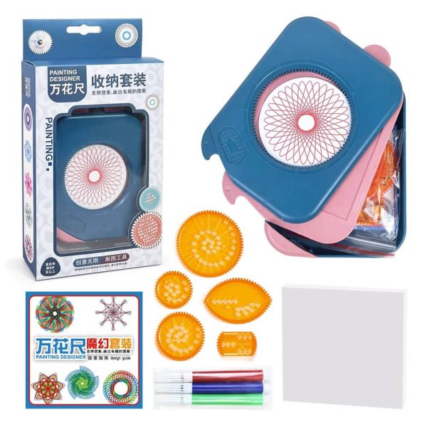 Kit di stampini per disegni scientifici con accessori colorati, ideale per attività artistiche e educative, include vari modelli di forme geometriche e strumenti per creare disegni dettagliati.