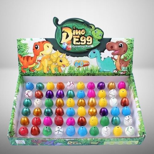 Uova di dinosauro colorate per bambini, con dinosauri in plastica all’interno, perfette per giochi educativi e decorazioni scientifiche.