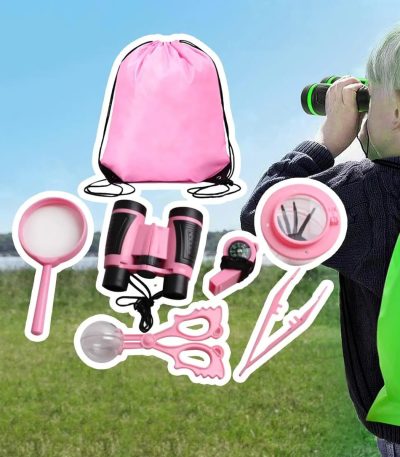 Set di strumenti scientifici per bambini: lente, binocolo, pinzette, forbici, sacchetto, e altro, ideale per attività all'aperto e scoperte nella natura.