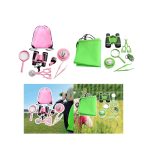 Set di strumenti scientifici per bambini, include binocolo, lente d'ingrandimento, telescopio, e accessori per l'osservazione della natura.