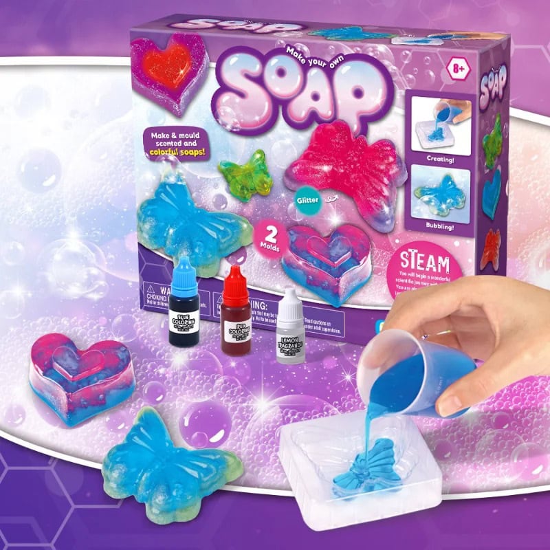 Kit per creare saponi colorati e profumati, ideale per attività creative e educative per bambini, con istruzioni passo passo e materiali sicuri.