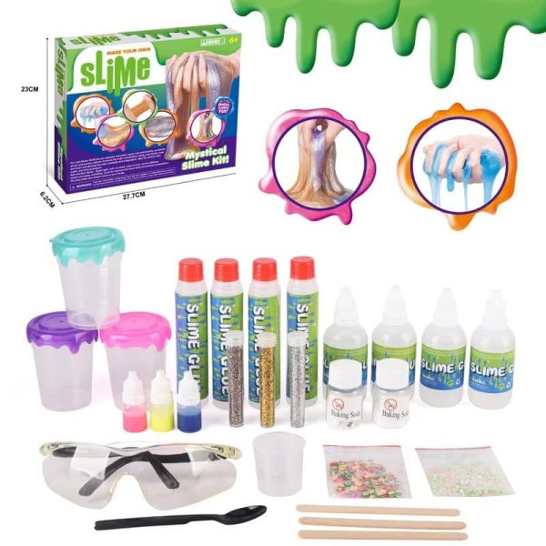 Kit di creazione slime scientifico con ingredienti, strumenti e decorazioni per esperimenti divertenti e educativi, ideale per bambini e appassionati di scienza.