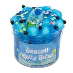 Vaso di gelatina Jelly Boba con perle di sale marino, decorazioni colorate e una piccola bandiera, ideale come decorazione scientifica o oggetto da collezione.