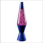 Lampada lava decorativa con base blu e contenitore rosa glitter, perfetta come oggetto di design e decorazione originale per ambienti moderni e creativi.