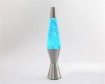 Lampada lava blu con base in metallo, perfetta come decorazione scientifica e oggetto di design.