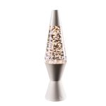 Lampada lava a glitter con base in metallo e vetro trasparente, decorativa e moderna, perfetta per ambienti creativi e innovativi.