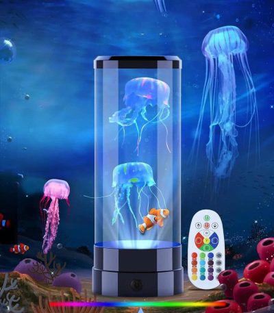 Vaso con meduse luminose e controller LED, oggetto decorativo scientifico che crea un effetto marino luminoso. Perfetto per ambienti moderni e per appassionati di biologia marina e decorazioni innovat.