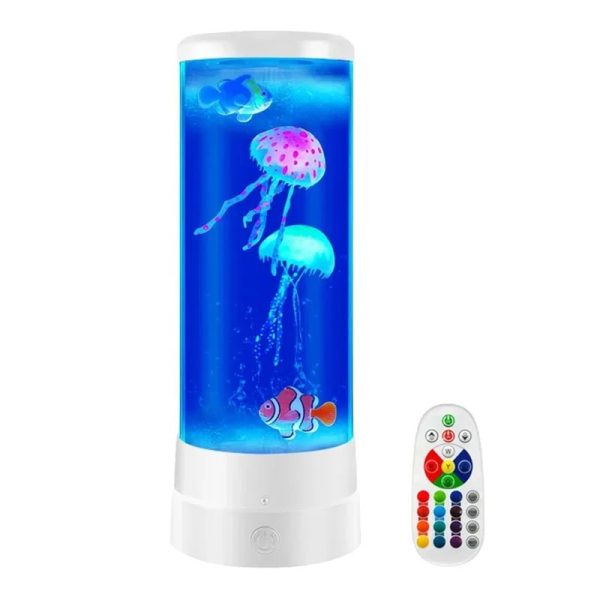 Acquario luminoso con meduse e pesci LED, decorazione scientifica interattiva con luci colorate e telecomando, ideale per ambienti educativi e decorativi.