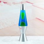 Lampada lava in vetro con base in metallo, decorativa e originale, perfetta per ambienti moderni e studi scientifici, con bolle di cera colorata che si muovono lentamente.
