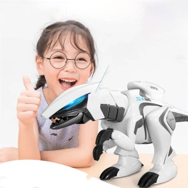 Robot animale scientifico con bambino sorridente, oggetto decorativo e educativo per appassionati di scienza e tecnologia, ideale per ambienti didattici e di intrattenimento.