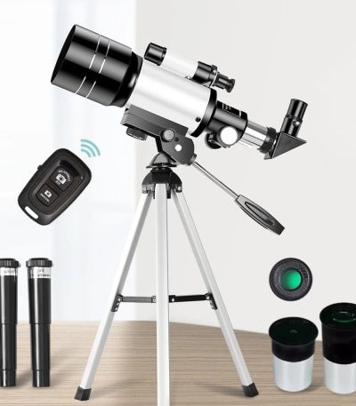 Telescopio astronomico con accessori e controller wireless, ideale per osservazioni astronomiche e studi scientifici, completo di tre lenti, controller wireless e supporto stabile.