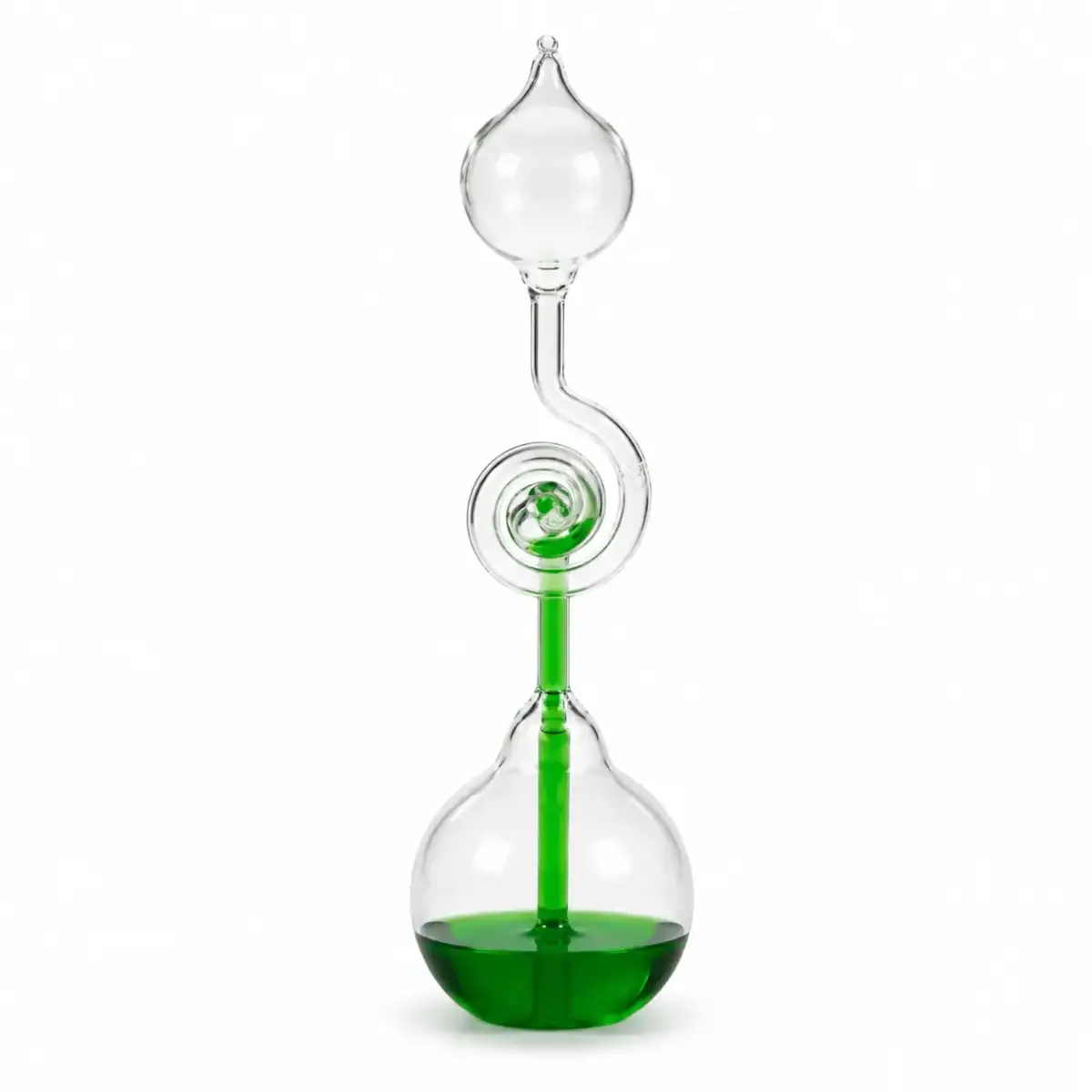 Modello di apparecchiatura di laboratorio con liquido verde in vetro, ideale come decorazione scientifica o oggetto da collezione.