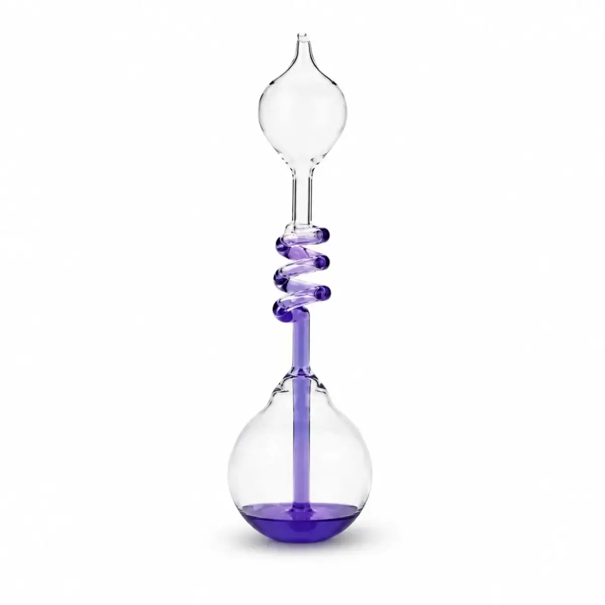 Vetrino di laboratorio in vetro con spirale viola, utilizzato per esperimenti scientifici e decorazioni a tema scientifico. Design elegante e funzionale, ideale per appassionati di scienza.