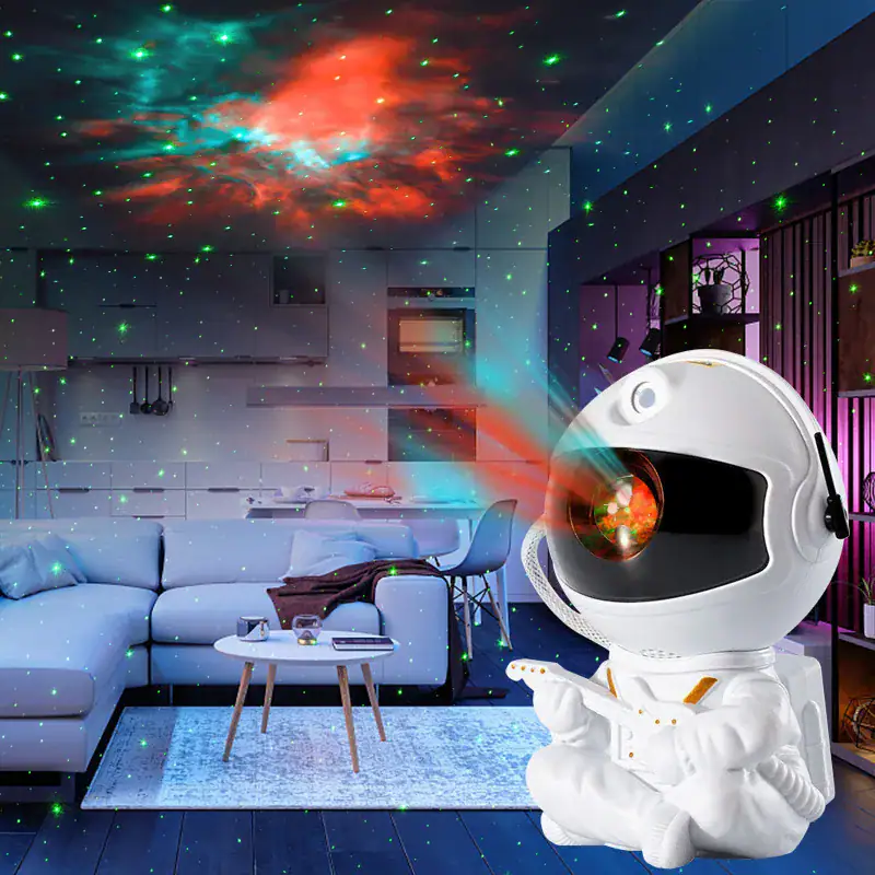 Luci laser colorate proiettate su soffitto e pareti di una stanza moderna, con un robot decorativo in stile futuristico che sembra controllare le luci. Perfetto per decorazioni scientifiche innovative.