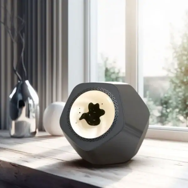 Alto parlante portatile con design scientifico, ideale per decorazioni e ambienti moderni, posizionato vicino a una finestra luminosa con oggetti decorativi sul tavolo.