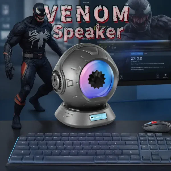 Altoparlante Venom Speaker con design innovativo e luci LED, ideale per appassionati di tecnologia e gaming, perfetto come decorazione scientifica moderna.