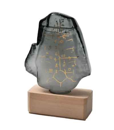Oggetto decorativo in vetro con formule chimiche dorate, ispirato a temi scientifici, montato su base di legno naturale. Perfetto come decorazione per appassionati di scienza e design innovativo.