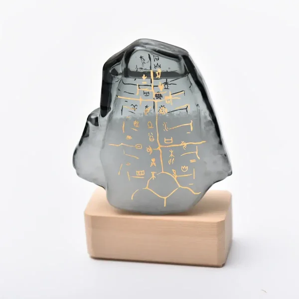 Pietra decorativa in vetro con simboli scientifici dorati, su base di legno, oggetto decorativo per appassionati di scienza e design innovativo.