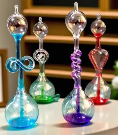 Oggetti scientifici decorativi in vetro colorato, ideali per arredamento e collezionismo scientifico. Design elegante con dettagli unici, perfetti per appassionati di scienza e decorazioni originali.