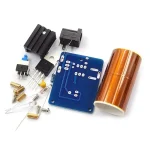 Kit elettronico con componenti vari, bobina di rame e circuito stampato per progetti scientifici e didattici.