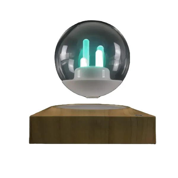 Palla di Tesla luminosa con base in legno, oggetto decorativo scientifico per appassionati di fisica e tecnologia.